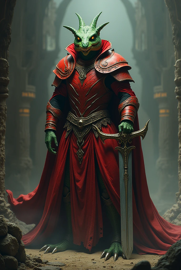  reptilian green man wearing red armor holding big sword paladin oathbreaker yellow eyes