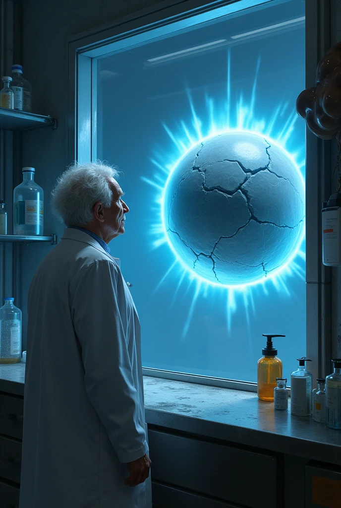 An old scientist but, a fit body on its back in a laboratory looking in amazement at a glass window where there is a round gray ball with many cracks and floating and emanating blue energy