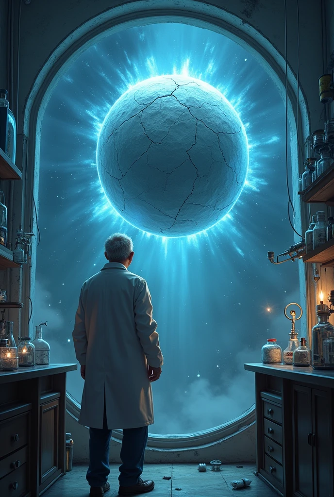 An old scientist but, a fit body on its back in a laboratory looking in amazement at a glass window where there is a round gray ball with many cracks and floating and emanating blue energy