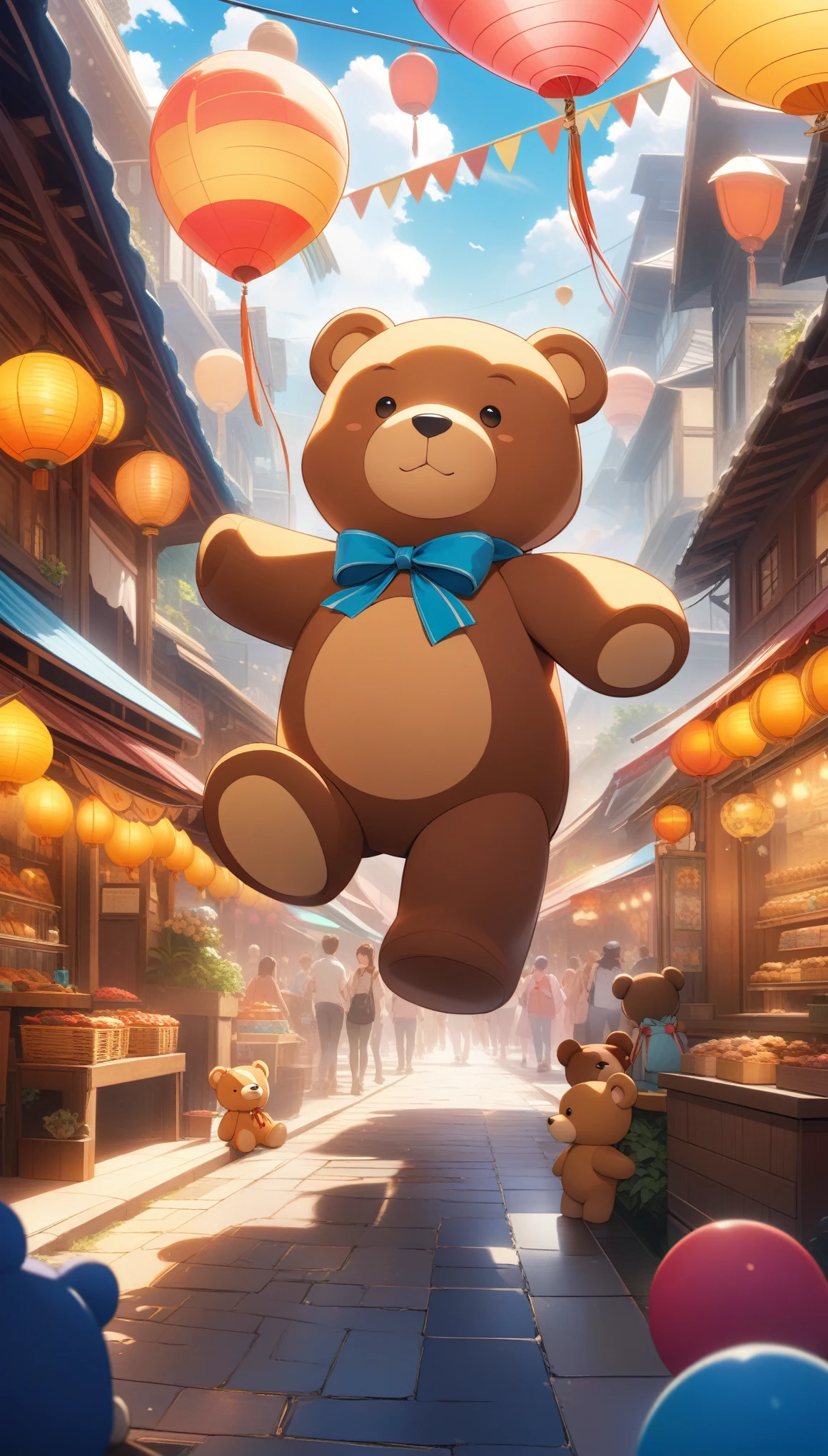 Cute teddy bear, Lots of teddy bears, Moving happily, Festival street, ((32K)), ((best quality)), ((ultra high res)), ((HDR)), ((uhd)), ((extremely detailed CG)), ((unity 32K wallpaper)), (((anime colored))),