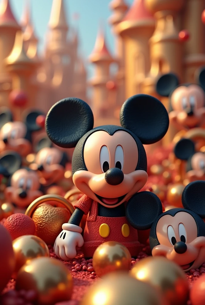 Create a detailed full HD 3D image with exclusive Disney letters in the background of Mickey Mouse faces 