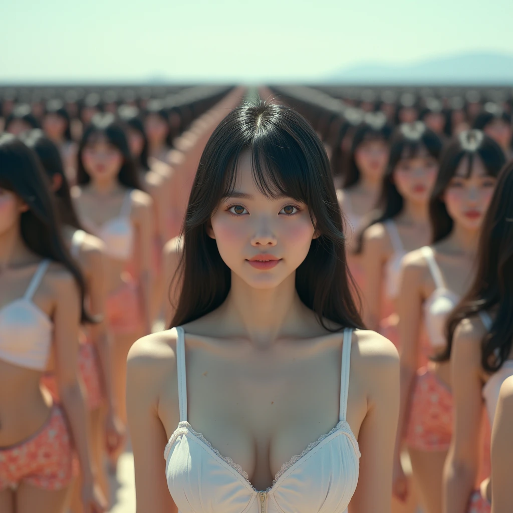 (((((Japanese Clone girls=Myself)))))), (((Best Super High quality Myself Clone girls Raw Photography Art))), (16K, Highest quality, Ultra-high resolution, RAW Photos), (((It's so unrealistic., With unparalleled depiction, With an unfathomable sight, An unprecedented and shocking worldview, Clone girls in a world of mass reproduction, Ultra-realistic))), (((Japanese, woman, 20yo, Saito-Asuka))), (Small face, ((Thick black hair, Semi-long hair))), ((V-neck short-sleeve dress)), (((((Very detailed美しい女体, Accurate body structure, Very detailed完璧な, Super busty body with very large breasts, Clearly emphasizes cleavage))))), (((Dark Eyes, Mature face, Cute Smile, A gentle gaze))), (((Her happy and smiling expression is so cute))), ((((((((Very detailed分身増殖描写, ((1girl→Myself cloning→1,000,000,000,000,000,000,000,000,000,000,000,000,000,000,000,000,000,000,000,000Myself Clone girls)))))))))), ((((((((Very detailed, The precise depiction of the proliferation of Myself Clone girls, ((With the perfectly identical bodies of Myself clone girls, With the exact same face as the Myself clone girls, With the exact same hairstyle as the Myself clone girls, In the exact same clothes as the girls who are my clones, Perfectly the same height as the Myself clone girls, Super big breasts, just like the Myself clone girls)))))))))), (((Myself clone girls only))), (((Very detailed depiction, (A group of Myself clone girls hugging each other, A large gathering of Myself clone girls, Fun conversations among crowds of Myself clone girls, A fun conversation among a crowd of Myself clone girls, Myself clone girls flirting with each other, Multiple Myself clone girls walking together in a crowd, turn around, The approaching crowd of Myself)))), (((Everyone looks at the camera))), (((Unbelievably crowded, Transcendent Myself clone girls intimately, Countless Myself clone girls surround you in 360 degrees))), (Bright, soft sunlight), (((Very wide field of view, Very detailed, Detailed ultra-perspective depiction with clear depth, super wide view))), (((((A meeting point for thousands of Myself groups))))), (((Very photographic and detailed depiction, Myself clone girls will multiply infinitely and fill the surroundings from one side to the horizon with their bodies tightly packed together without any gaps., A scene of endless Myself clone girls, giving a happy vibe.))), (Focus on the average value of the image)