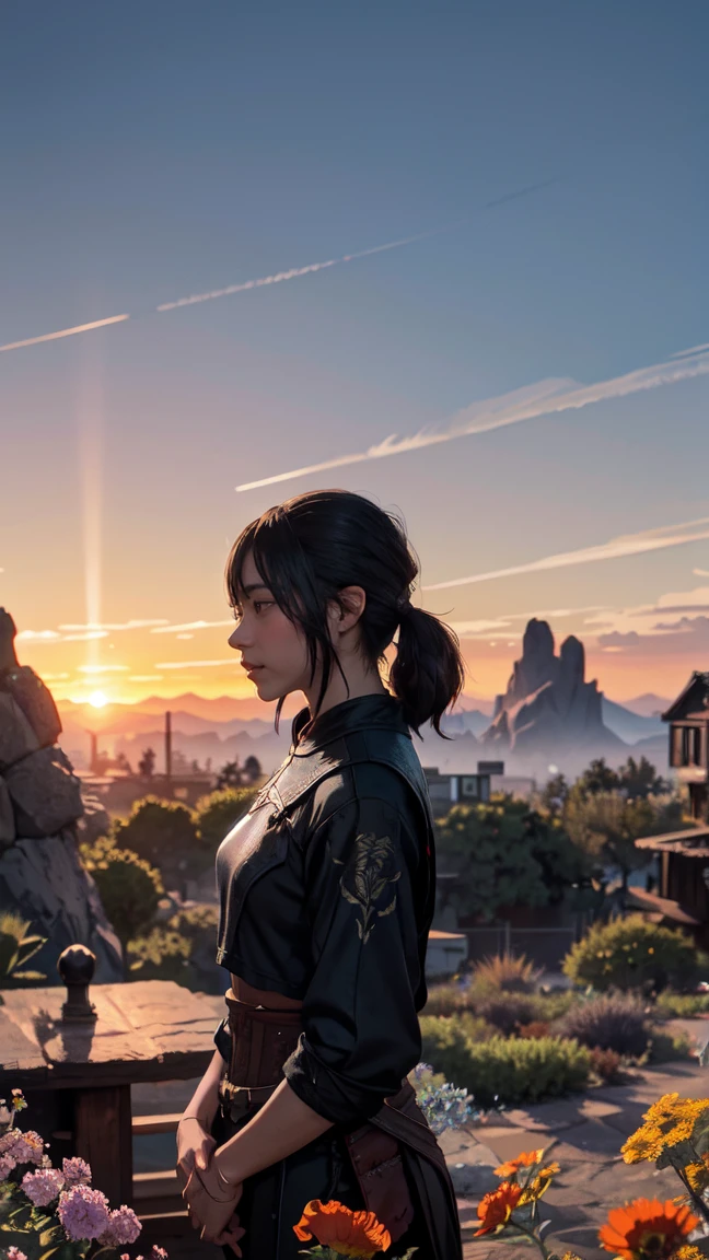 2 girls, Phoenix, skyrim. sunset. Horizontal plane, crystal, Flowers and plants