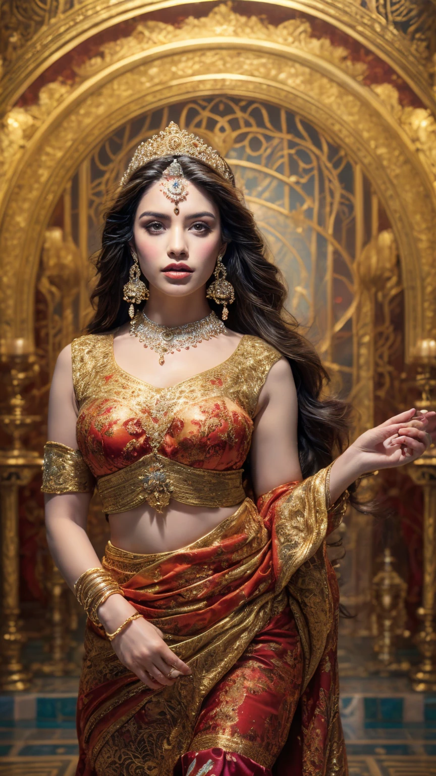 ((Best quality, 8k, Masterpiece :1.3)), Sharp focus :1.2, Generate a realistic image of a beautiful sexy Indian woman plus size body: 8.5 (masterpiece like a princess) (body like divine girl) dressed divine clothes carnation skirt and print v neck plus size giant blouse except hands + belt, adorned with traditional ornaments, standing in a well-lit room with cinematic lighting. ((Front view, random elegant pose)), and there is a sense of grace and elegance in her posture. The background should complement the scene, enhancing the overall aesthetic appeal of the image. Photography by Brandon Woelfel, Full shot: Canon EF 16-35mm f/2.8L III USM lens on a Canon EOS 5D Mark IV camera, ultra realistic, 32k, HD