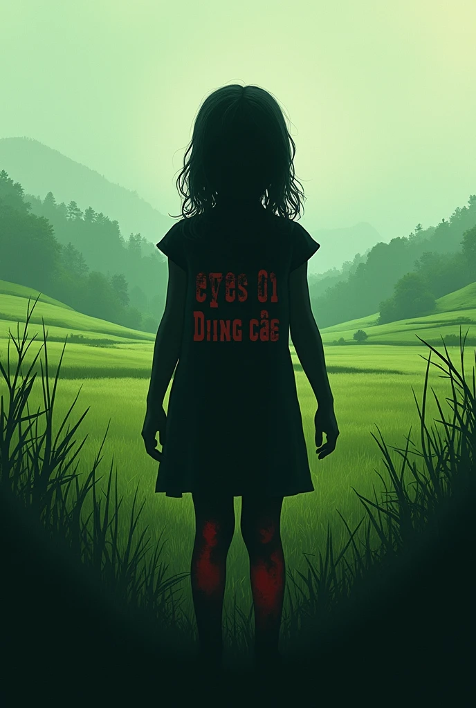 Generate a image on a green plain like Assam with a shadow of a girl with red patches and write on the image " ALL EYES ON DHING CASE " it's a rape case
