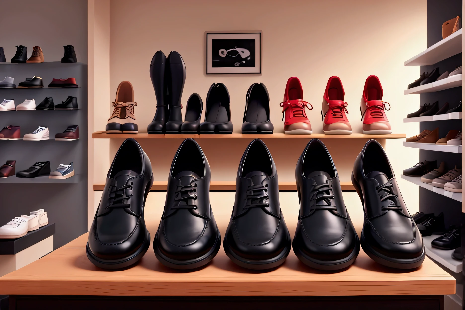 zoom inside a store of shoes, on a shelf, a pair of black shoes