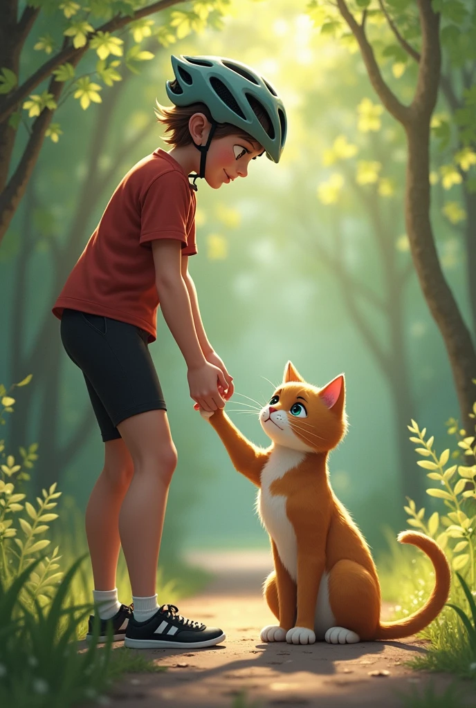 The cyclist, now standing, helps the yellow cat and her kitten up. The cat is still teary but is being comforted by the cyclist, who offers a concerned but gentle hand.