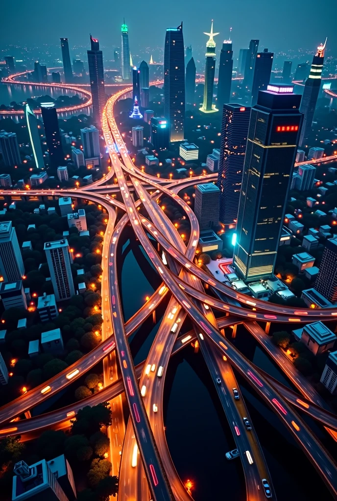 "Aerial night view from an airplane flying over a vibrant city like Shanghai. The scene shows a bustling network of elevated highways with smoothly moving cars, skyscrapers lit up with bright city lights, and deep shadows creating contrast. The view is angled diagonally, capturing the city below as the scene gradually shifts across the screen. The glowing headlights and taillights of the cars add to the dynamic and lively atmosphere."