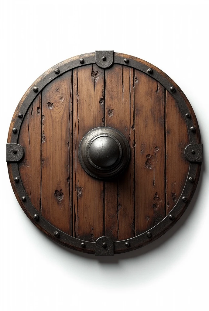 a round medieval wooden shield damaged, white background, realistic
