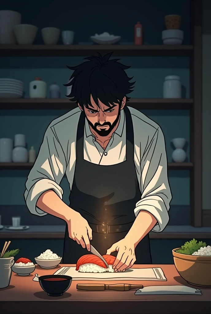 Anime of a dark-haired sushi chef with a beard and short hair working with a knife, tired of life and work, discovers magic