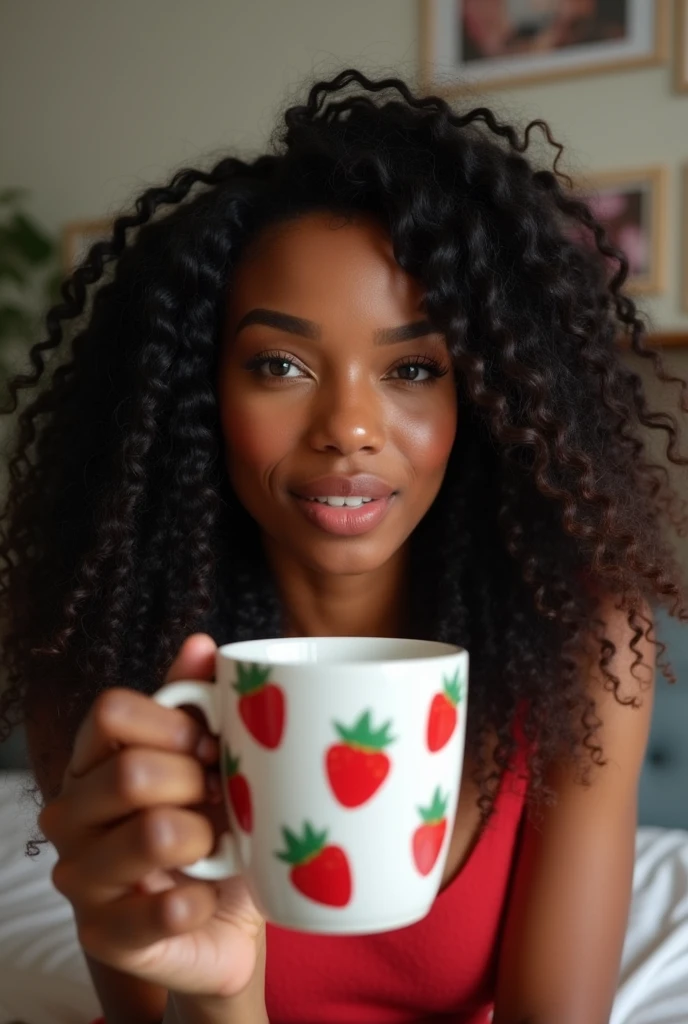  there is a black woman , the woman has, she has dark skin, with dark brownish skin, with long curly, long black loose moisturised curly hair she is taking a selfie with a cute strawberry mug in her modern home