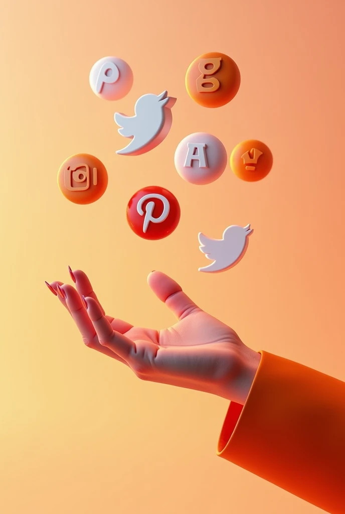 Create an image of a woman&#39;s hand and floating large icons of the main social networks above it, in orange with white in 3D and futuristic vision.
with the phrase "PATRICIA TORRES SOCIAL MEDIA MANAGER"