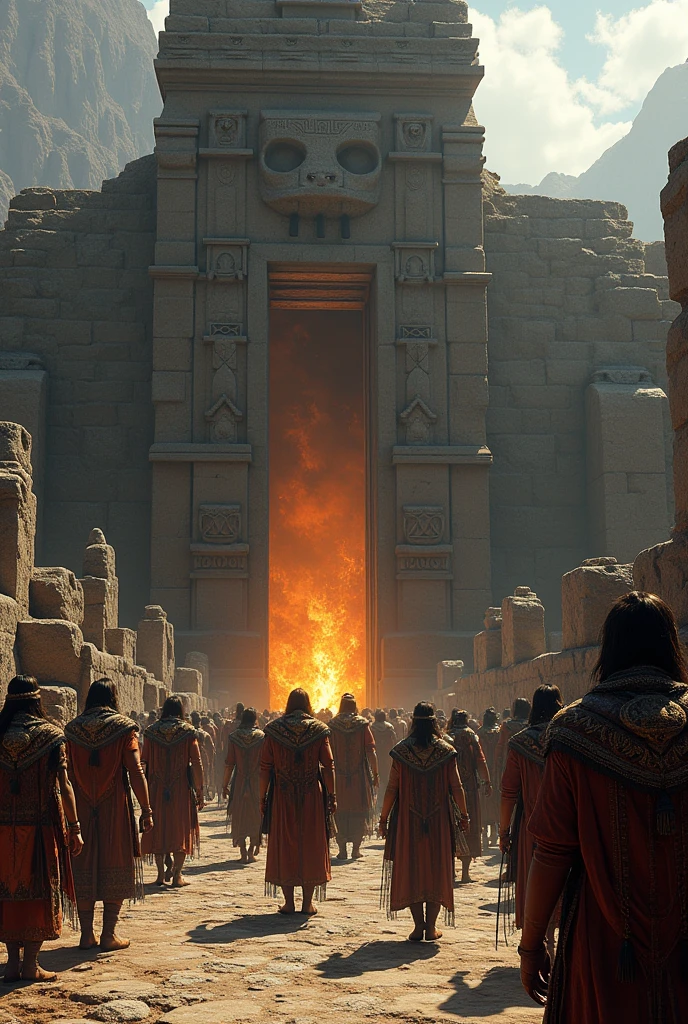 Incas entering the temple of Wiracocha, There is a bonfire in the temple, In the temple there are statues of a bicuña and a fox