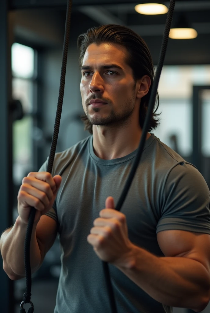 (photorealism:1.2), man in grey shirt, short hair on the side, Long hair, smooth and backwards, with a match in the middle above, doing chest pulley exercise, in gym, looking forward.
