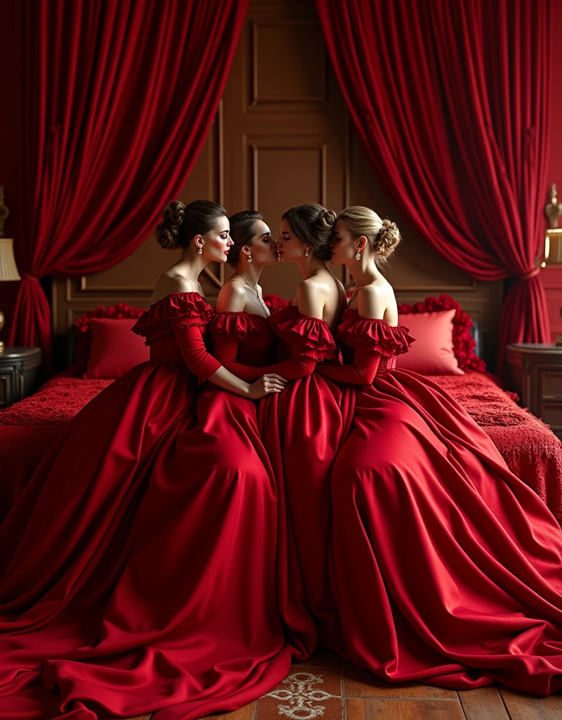 highest quality, masterpiece, highest resolution, artwork, super それにget used to it, many get used to it, get used to it, それにget used to it,love,romantic,four woman,four woman kissing each of their partners,((red satin elegant luxurious dresses)),red satin evening dresses,((Gorgeous queen rococo robe satin dress with voluminous full-length hoop skirt)),long sleeve,long dress,A dress with full silk fabric...,luxury,((Palace full red satin bedroom)),((huge satin bed)),Frilled silk red bedspread,many pillows on the bed,satin pillow with frills,((Four woman is kissing each other and two facing each other in front of the bed)),luxurious ruffled red curtains