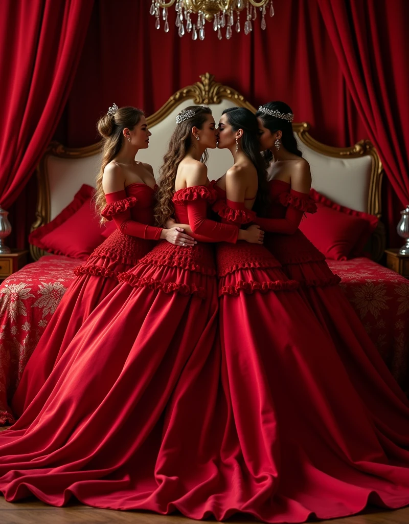 highest quality, masterpiece, highest resolution, artwork, super それにget used to it, many get used to it, get used to it, それにget used to it,love,romantic,four woman,four woman kissing each of their partners,((red satin elegant luxurious dresses)),red satin evening dresses,((Gorgeous queen rococo robe satin dress with voluminous full-length hoop skirt)),long sleeve,long dress,A dress with full silk fabric...,luxury,((Palace full red satin bedroom)),((huge satin bed)),Frilled silk red bedspread,many pillows on the bed,satin pillow with frills,((Four woman is kissing each other and two facing each other in front of the bed)),luxurious ruffled red curtains