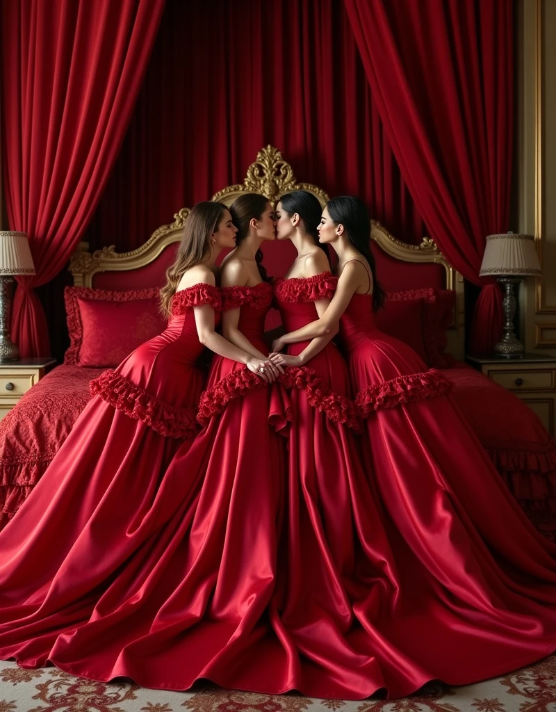 highest quality, masterpiece, highest resolution, artwork, super それにget used to it, many get used to it, get used to it, それにget used to it,love,romantic,four woman,four woman kissing each of their partners,((red satin elegant luxurious dresses)),red satin evening dresses,((Gorgeous queen rococo robe satin dress with voluminous full-length hoop skirt)),long sleeve,long dress,A dress with full silk fabric...,luxury,((Palace full red satin bedroom)),((huge satin bed)),Frilled silk red bedspread,many pillows on the bed,satin pillow with frills,((Four woman is kissing each other and two facing each other in front of the bed)),luxurious ruffled red curtains