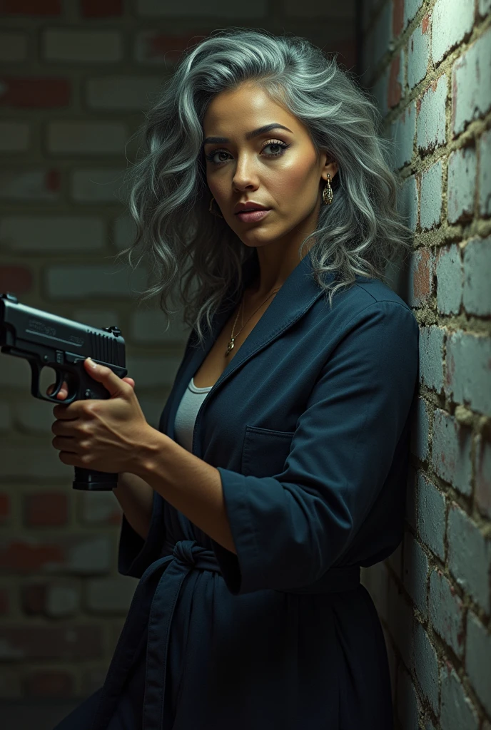 A beautiful youthful looking Filipino version of Ariana Grande as a 50 years old woman with long curly completely gray hair as the superhero Daisy Johnson from Agents of S.H.I.E.L.D wearing a bathrobe leaning on a wall hold a gun in her hands pointing a gun at another woman protect a young man behind her
