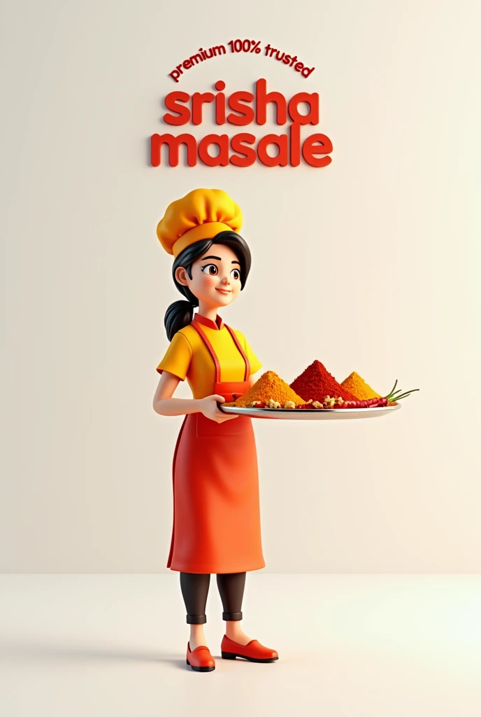 A 3D render of a creative logo "SRISHA MASALE". There is a female chef holding a tray of SPICES and showing the Dry red chillipowder, Corianderpowder and turmeric powder. The tray has a variety of SPICES items. Above the chef, there is a text "Premium & 100% Trusted". Beneath the chef, there is a text "Home Made Spices". The background is a white surface
