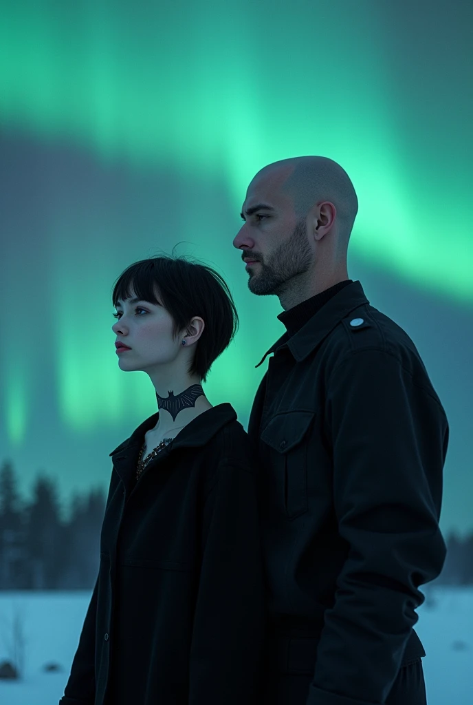 Uma Youngh linda garota de preto com cabelo curto e uma tatuagem de morcego no pescoço, next to a tall man, Youngh, bald and handsome watching an aurora borealis