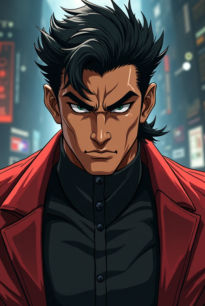 A man with warm brown skin, short black hair side part, thick eyebrows, almond-shaped dark eyes, a straight nose, full lips. He has a strong jawline and a serious, confident expression
Anime from jojo's bizarre adventure background effect