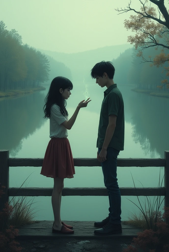 A girl is giving a cigarette to a boy standing on a bridge over a lake realistic feel putting in his moutH