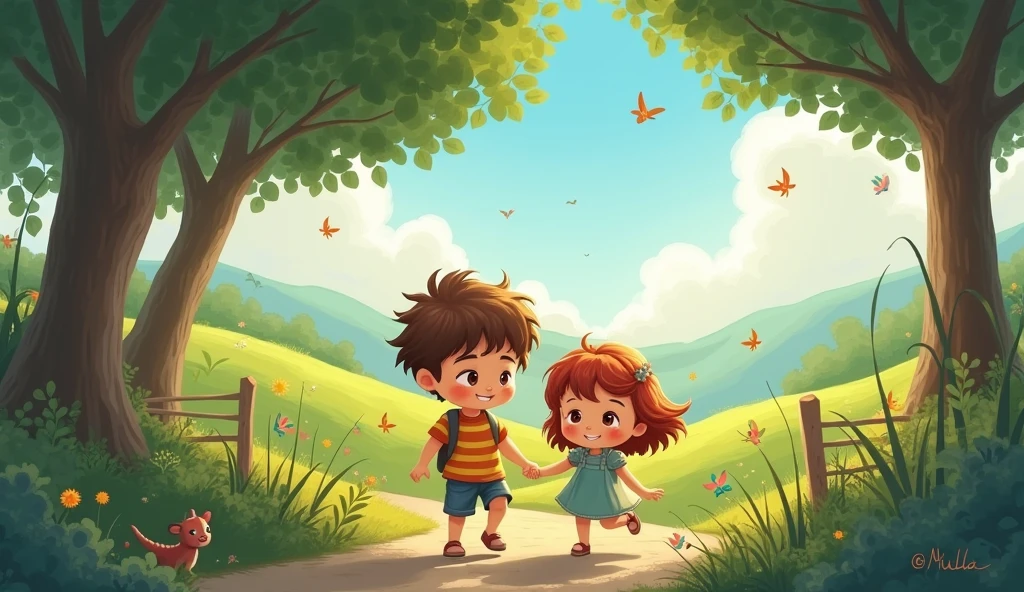 Young boy and girl walking 