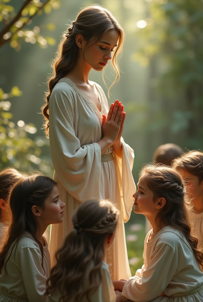 (photorealism:1.2), A young woman praying ((standing)) with children