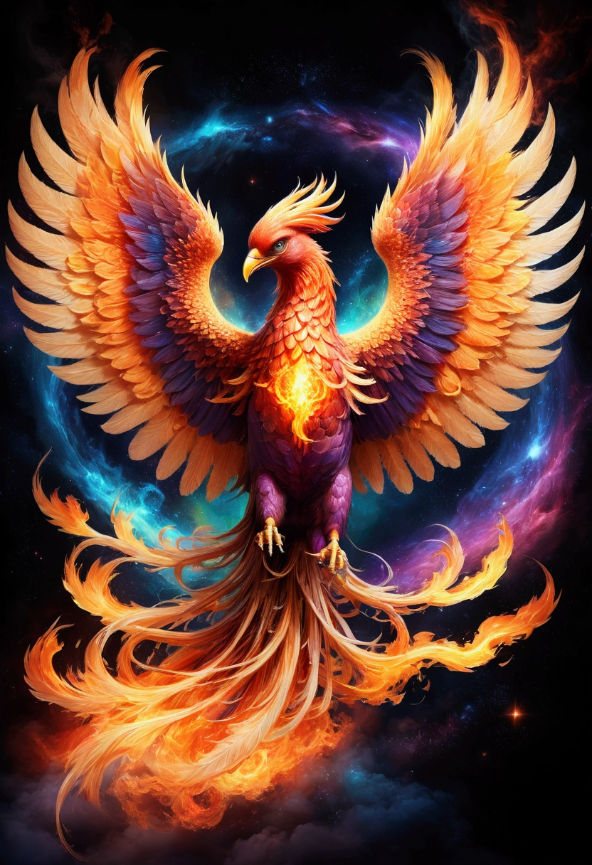 Phoenix, A Phoenix engulfed in cosmic energy floating in space with wings made of multicoloured fire, Epic cinematic brilliant stunning intricate meticulously detailed dramatic atmospheric maximalist digital matte painting, masterpiece, best quality, very aesthetic, absurdres