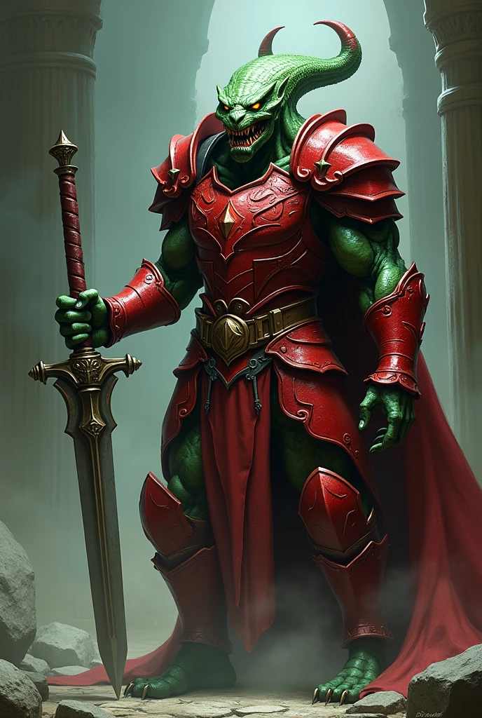 Snake green man wearing red armor holding big sword paladin oathbreaker yellow eyes sharp teeth
