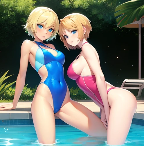 Two sexy girls in bright colored monokini in the sparkling pool and their short blonde hair and blue eyes edited doing sexy poses full body 