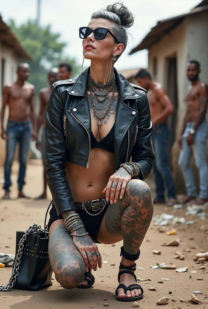 russian milf woman, grey hair (pouf, and top bun and shaved sides) and oversized square maxi sunglasses as headband, with very light blue eyes, extremely pale. Wearing tight aged black cropped moto jacket with lots of zippers and pins; black bikini, flip flops . Dirty knees and dusty hands. Lots of metallic bracelets, lots of boho pendants and lots of colourful beads collars. Long boho earrings with colourful feathers. Squatting,  looking up, chin up, stretching her neck , humble facial expression. Hands on her knees, showing off bracelets and rings. studded black leather tote bag with chains on the floor, next to her..  Listening looking up  in amazement to somebody speaking to her from above, well toned abdominals, thin neck, slim legs and thin arms.  Cleavage, stomach, neck, tigh and hands completely covered with tattoos.  Dirt street in Kenyan village full of waste. A lot of tanned shirtless fat men in jeans around looking at her. next to her, all her belongings scattered on the floor: tobacco packs, makeup kit, little makeup mirror, studded black leather tote bag, lipstick, wallet, moble etc on the floor
