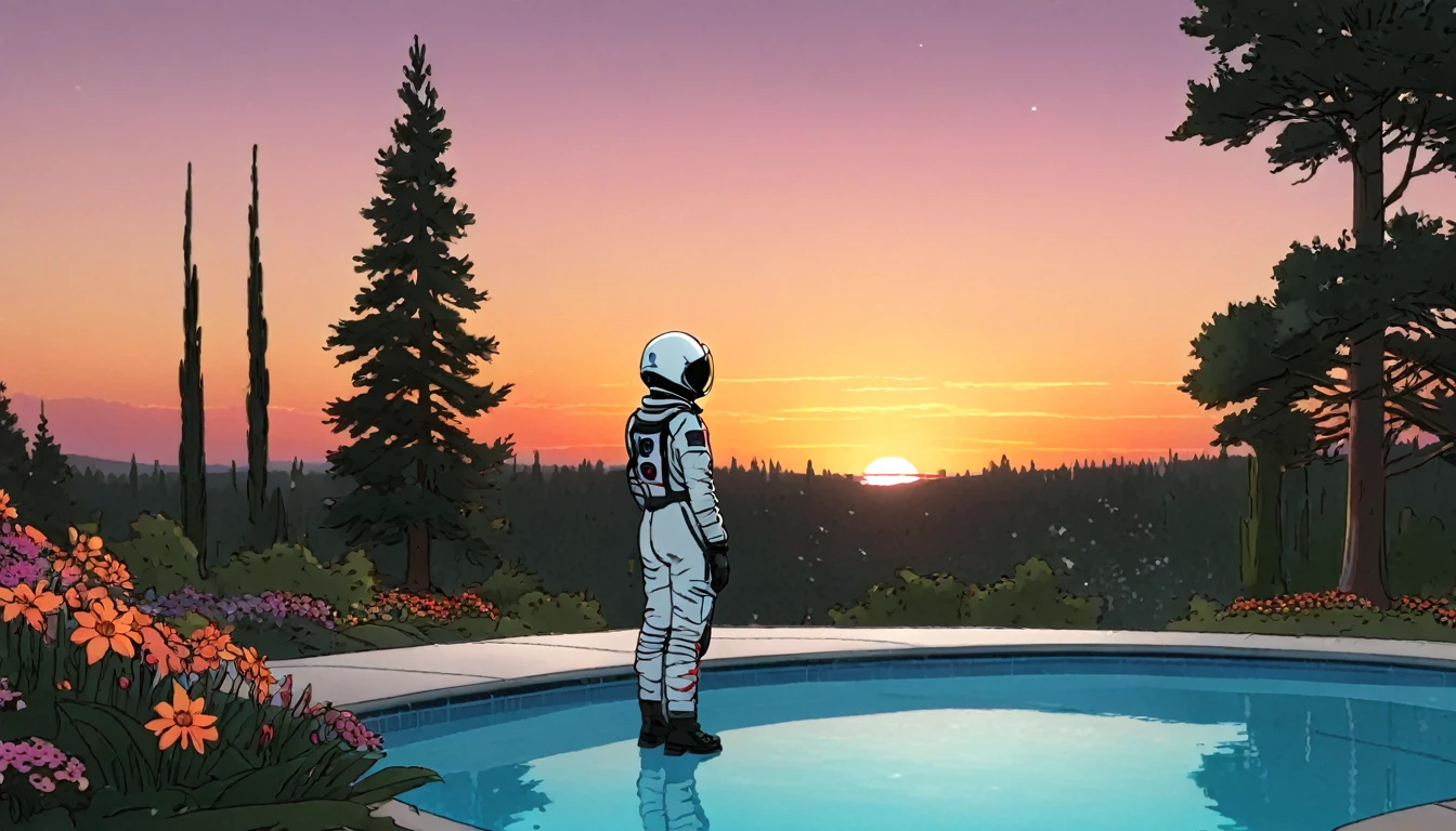 score_5_up, one girl, standing beside a pool, wearing a spacesuit, flowers everywhere, use of color theory, sunset,space in the background, long trees