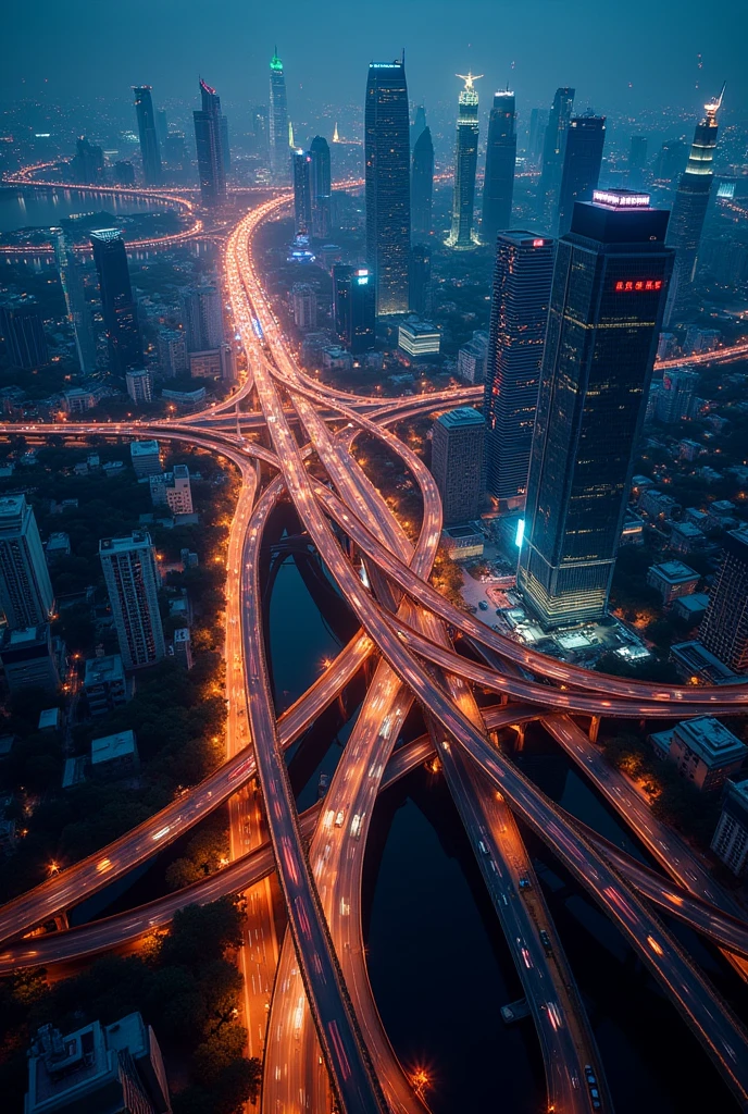 "Aerial night view from an airplane flying over a vibrant city like Shanghai. The scene shows a bustling network of elevated highways with smoothly moving cars, skyscrapers lit up with bright city lights, and deep shadows creating contrast. The view is angled diagonally, capturing the city below as the scene gradually shifts across the screen. The glowing headlights and taillights of the cars add to the dynamic and lively atmosphere."