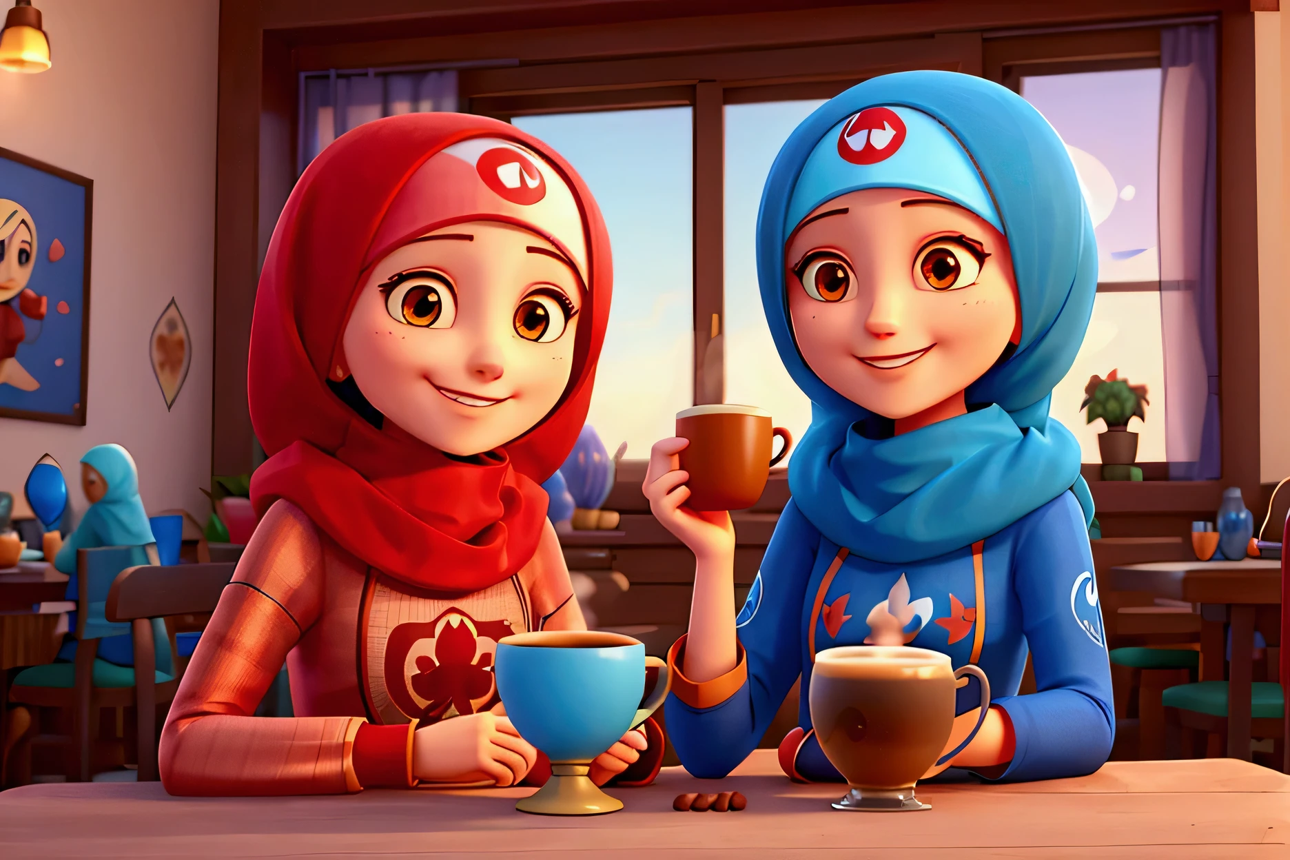 beatiful smiling lady Red hijab and blue hijab drinking tee in a cozy coffee