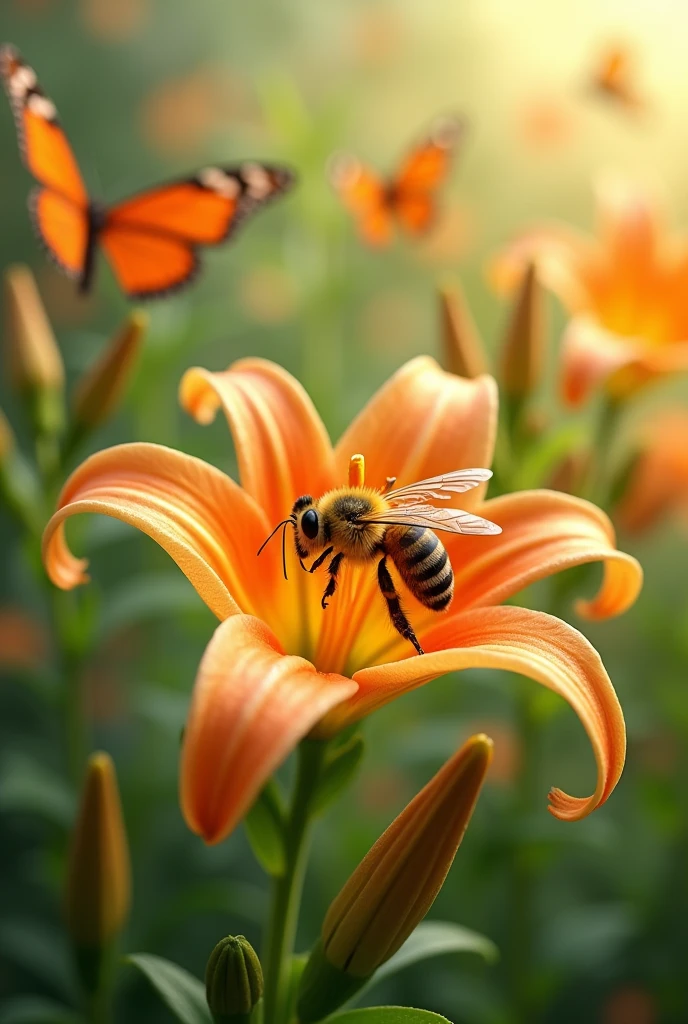 Create a 4k photorealistic wallpaper for android smartphone on nature photography where a honeybee is collecting honey from a beautiful lilly flower with a beautiful background where butterflies are flying