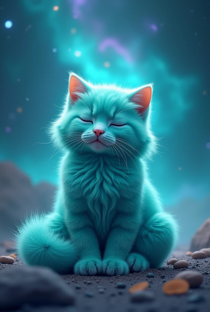 Create a super realistic cat, turquoise, fluffly, with eyes closed, he is meditating, is calm and happy, o fundo é de galaxia turquoise com roxo