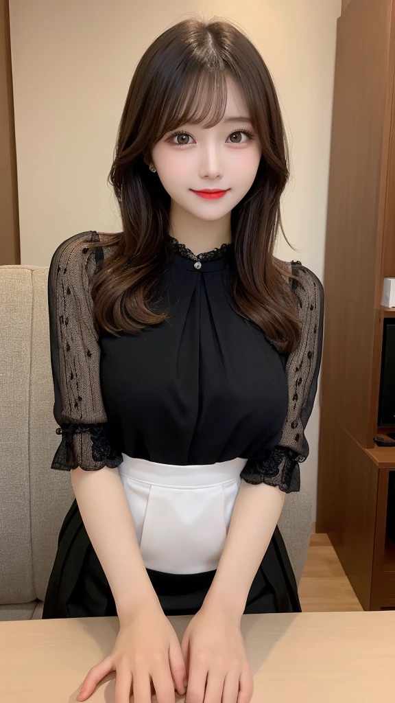 table top, highest quality, shape, Super detailed, finely, High resolution, 8k wallpaper, Perfect dynamic composition, beautiful and detailed eyes, Gcup breasts, Natural color lip, Random sexy pose,smile,20 year old girl、Beautiful and dense face、perfect and beautiful face,Big eyes、real photos(best image quality),cute face、cute、blouse(black)、pleated skirt、Blurred tower apartment living room background、sexy pose、spread legs wide