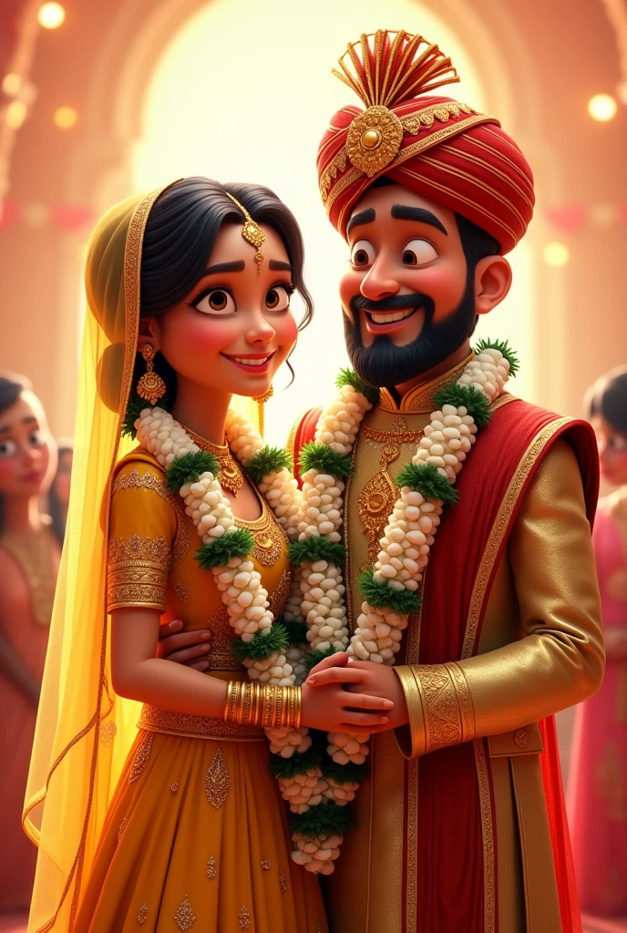 Create a Pixar image of a couple in wedding girl is wearing a golden Lehenga with heavy jewellery and viel on head. Groom is wearing a heavy Sherwani and turban, both are holding hands both have white garland. Both are very very happy and in love, groom has a stubble. Bride has a dimple and is slightly chubby they are celebrating. They are very happy.