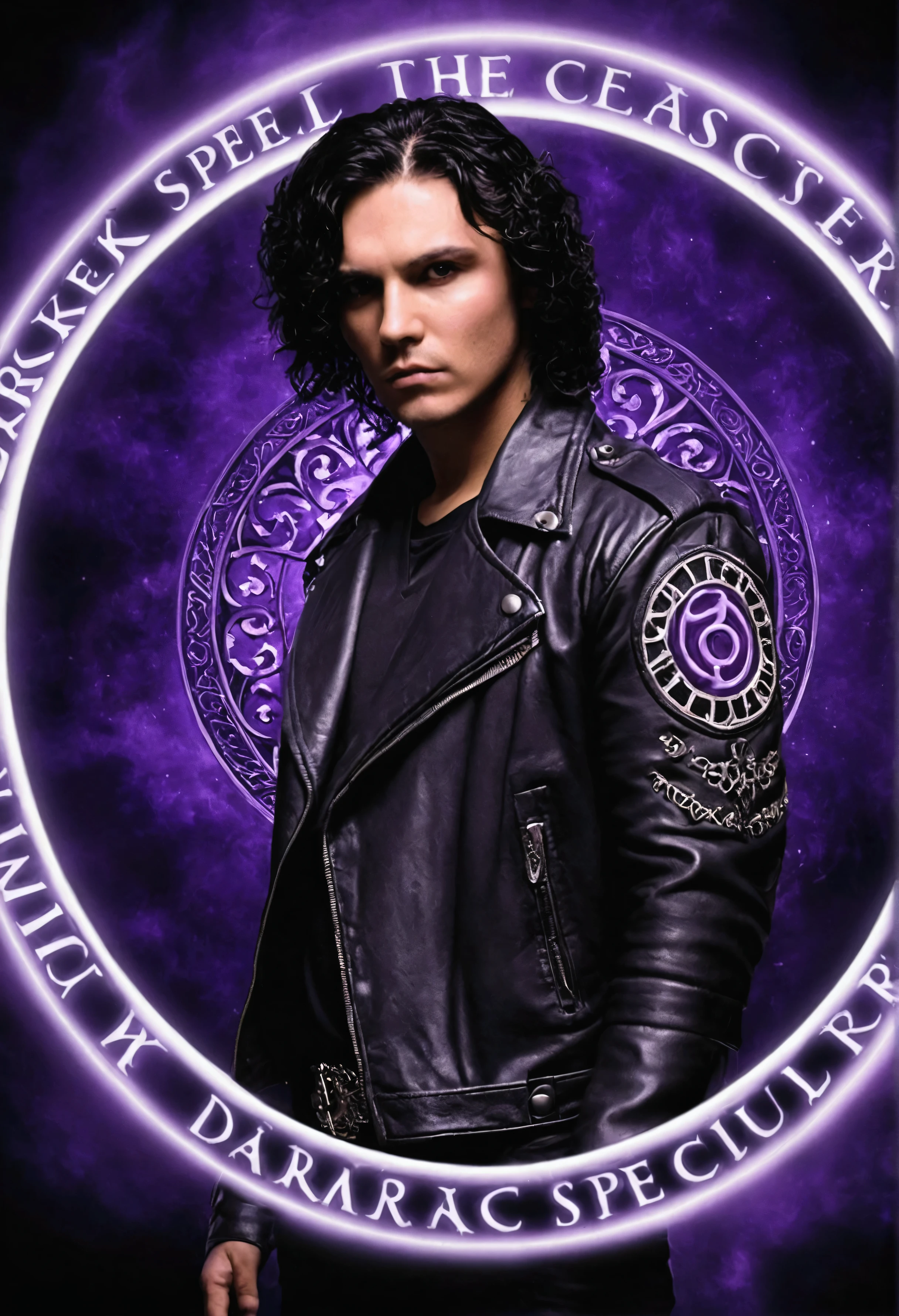 murderer, black leather jacket, dramatic lighting and caption with words "Dark Spellcaster " against the background of a purple magic circle