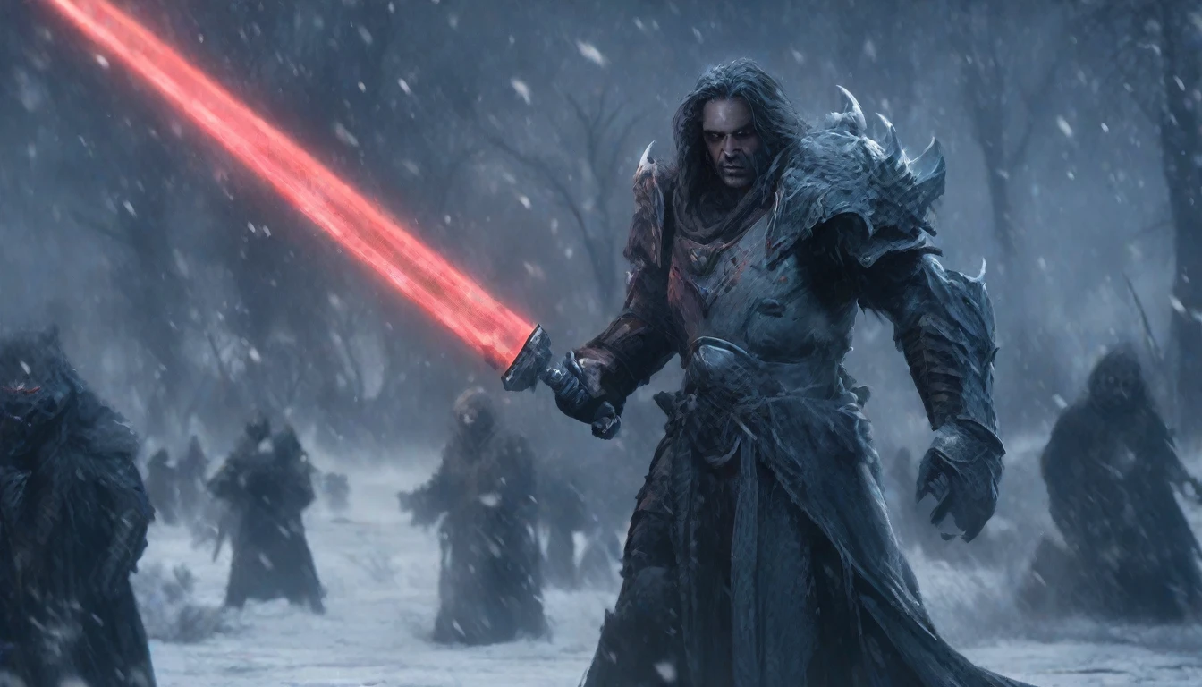 death knight style,A cursed prince must save his kingdom.,8k,masterpiece,realist,bright Eyes,epic,trend in artstation,hyper detailed photography,sharp focus,frost theme,(john picacio:1.2), snowing, stabbing his blue lightsaber into Predator&#39;s chest