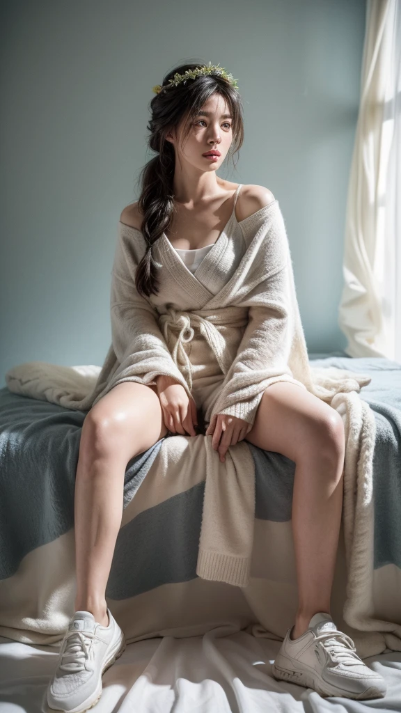 (High quality photo:1.5), 1woman, a 25y very pretty hongkong woman with (cool expression:1.2), (wearing a beauty floral crown:1.2), (sexy:1.3),sitting, (open legs:1.3), wood stool, (woolen blanket:1.4), (sneakers:1.2) (chubby:1.2), (perfect hairstyle:1.4), (natural face:1.2), natural warm soft light, (indoor:1.2), (moody pose:1.3), facing camera, (abstract paint art background:1.4), (still life fashion photography:1.5), (dark moody:1.3), dramatic, real moment, real object, (ultra highly detailed:1.5), (ultra realistic:1.5), detailed face and eyes, (real skin:1.3), (dynamic shadow:1.2), (full body view:1.2), (dynamic angle:1.2), soft focus, shot by mamiya R67, kodacrhome, surreal composition