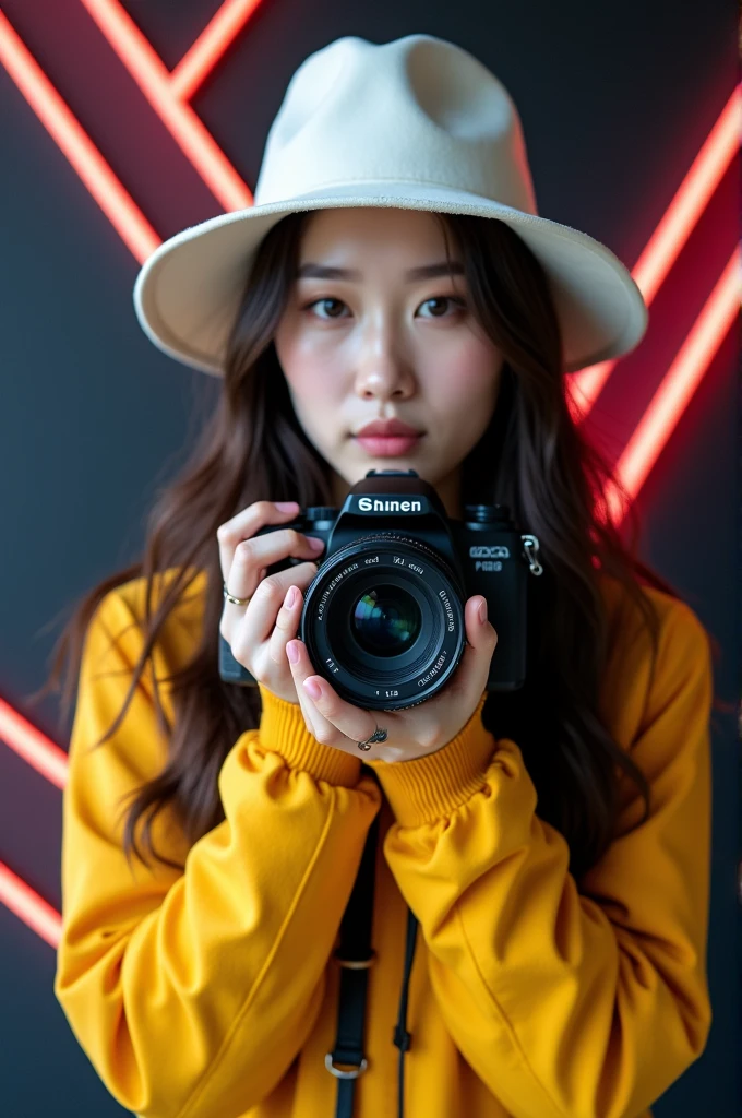 Photo of a beautiful Korean woman with long hair framing her face with her hands. He was wearing a yellow Wardah semi parka jacket with the words "Reva" Cool white hat. the girl has a tattoo. He uses his hands as a tripod, which shows that he is a photographer. The background is a black wall with a 3d zizak pattern that features colorful neon lines., by emphasizing the main topic.