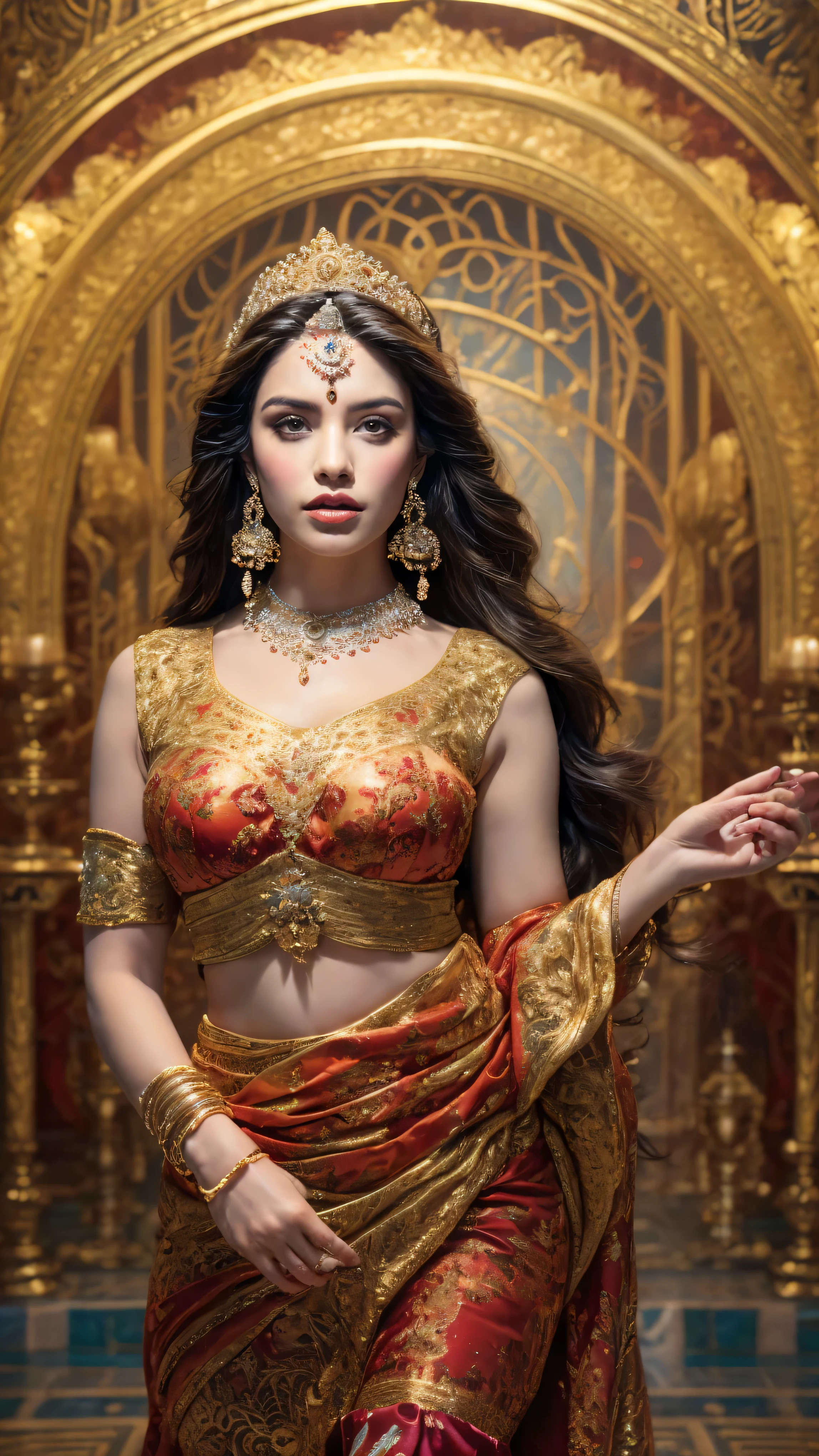((Best quality, 8k, Masterpiece :1.3)), Sharp focus :1.2, Generate a realistic image of a beautiful sexy Indian woman plus size body: 8.5 (masterpiece like a princess) (body like divine girl) dressed divine clothes carnation skirt and print v neck plus size giant blouse except hands + belt, adorned with traditional ornaments, standing in a well-lit room with cinematic lighting. ((Front view, random elegant pose)), and there is a sense of grace and elegance in her posture. The background should complement the scene, enhancing the overall aesthetic appeal of the image. Photography by Brandon Woelfel, Full shot: Canon EF 16-35mm f/2.8L III USM lens on a Canon EOS 5D Mark IV camera, ultra realistic, 32k, HD