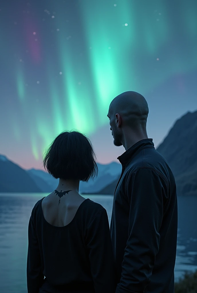 Uma Youngh linda garota de preto com cabelo curto e uma tatuagem de morcego no pescoço, next to a tall man, Youngh, bald and handsome watching an aurora borealis