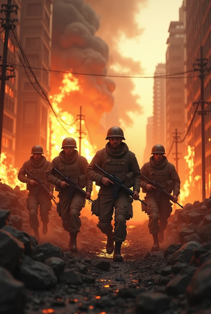 Four soldiers leaving a burning city