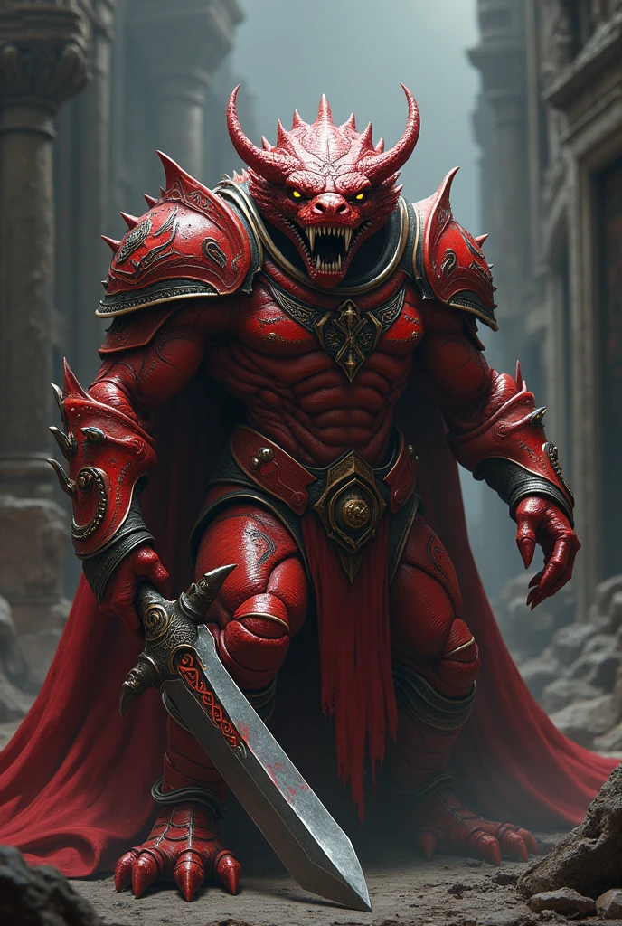 Snake man wearing red armor holding big sword paladin oathbreaker yellow eyes sharp teeth