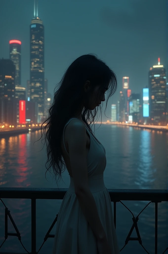 Woman with black hair crying on a bridge at night where you can see the city lights