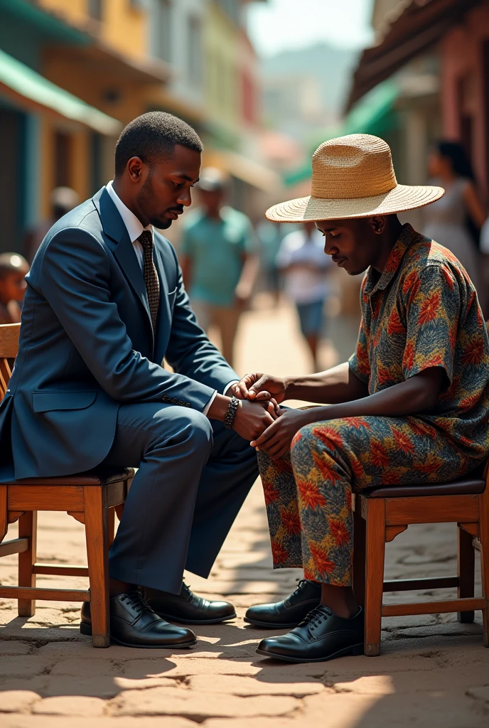 Un cireur de chaussures haïtien avec son chapeau en paille, brosse de chaussure a la main, avec sa boîte à chaussures en bois , afro haïtienne. Jean Jean bien habillé pour le travail..se faire cirer ses chaussures par le cireur. Cadre typiquement haïtienne., coloré. Il ya des passants
