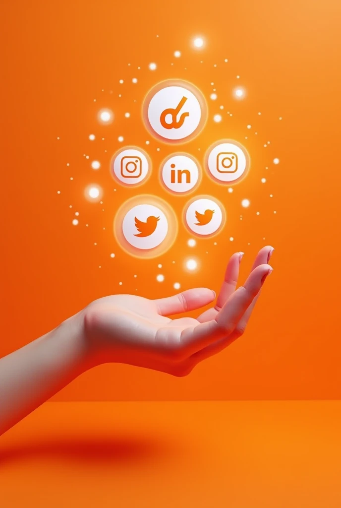 Create an image of a woman's hand and floating large icons of the main social networks above it, in orange with white in 3D and futuristic.
with the phrase "PATRICIA TORRES SOCIAL MEDIA MANAGER"